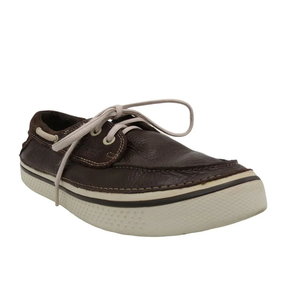 CROCS Men's Dark Brown Pebbled Leather Boat Shoes Size 9